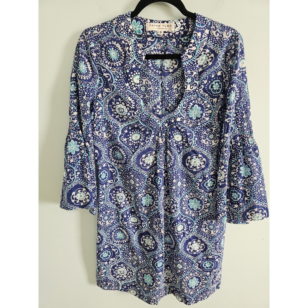 Trina Turk Blouse Size 8 Blue Paisley Long Sleeve Coverup Luxury Resortwear